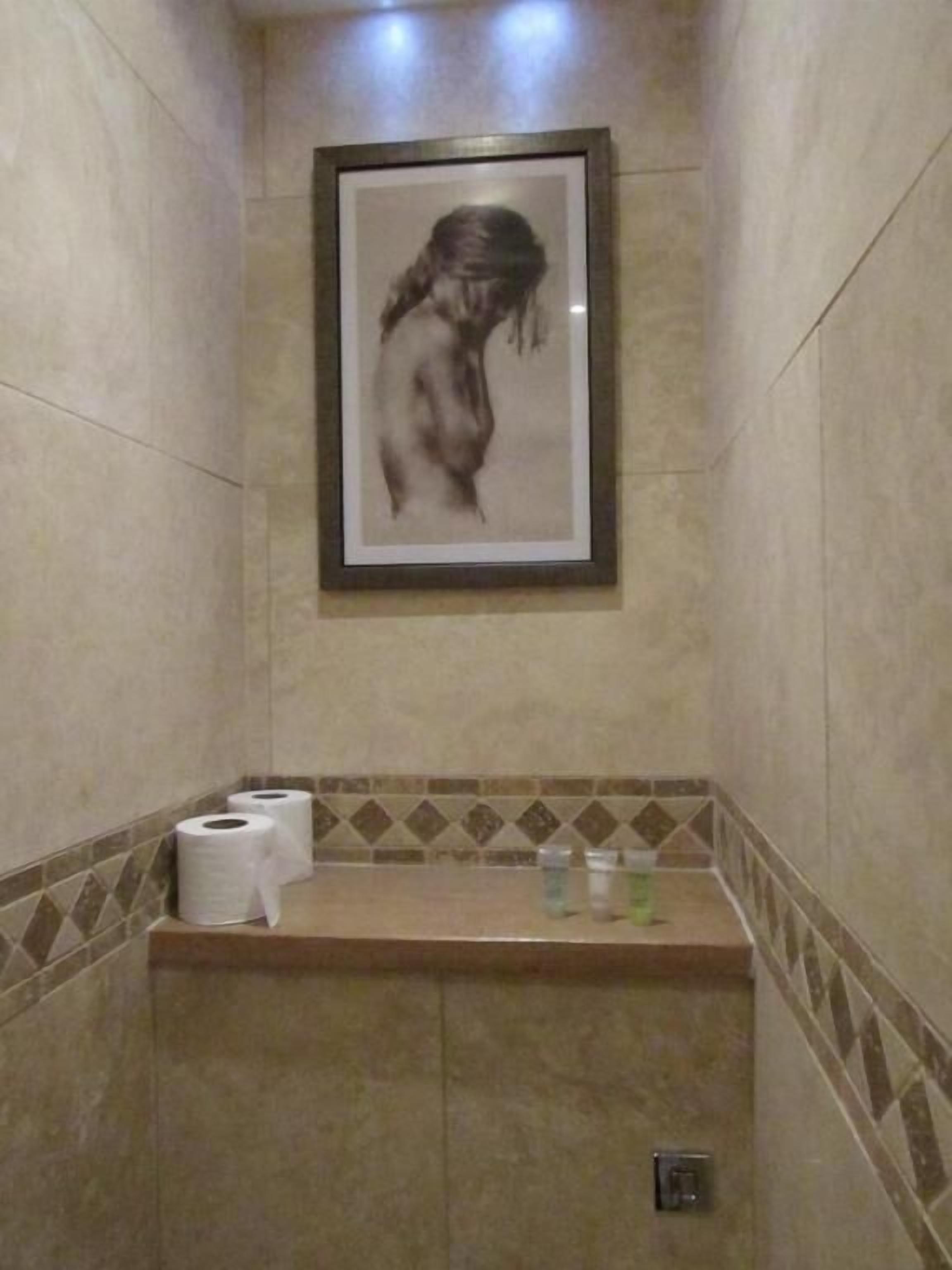 Um banheiro com um quadro na parede, um porta-papel higiênico e uma pequena prateleira com artigos de higiene pessoal.