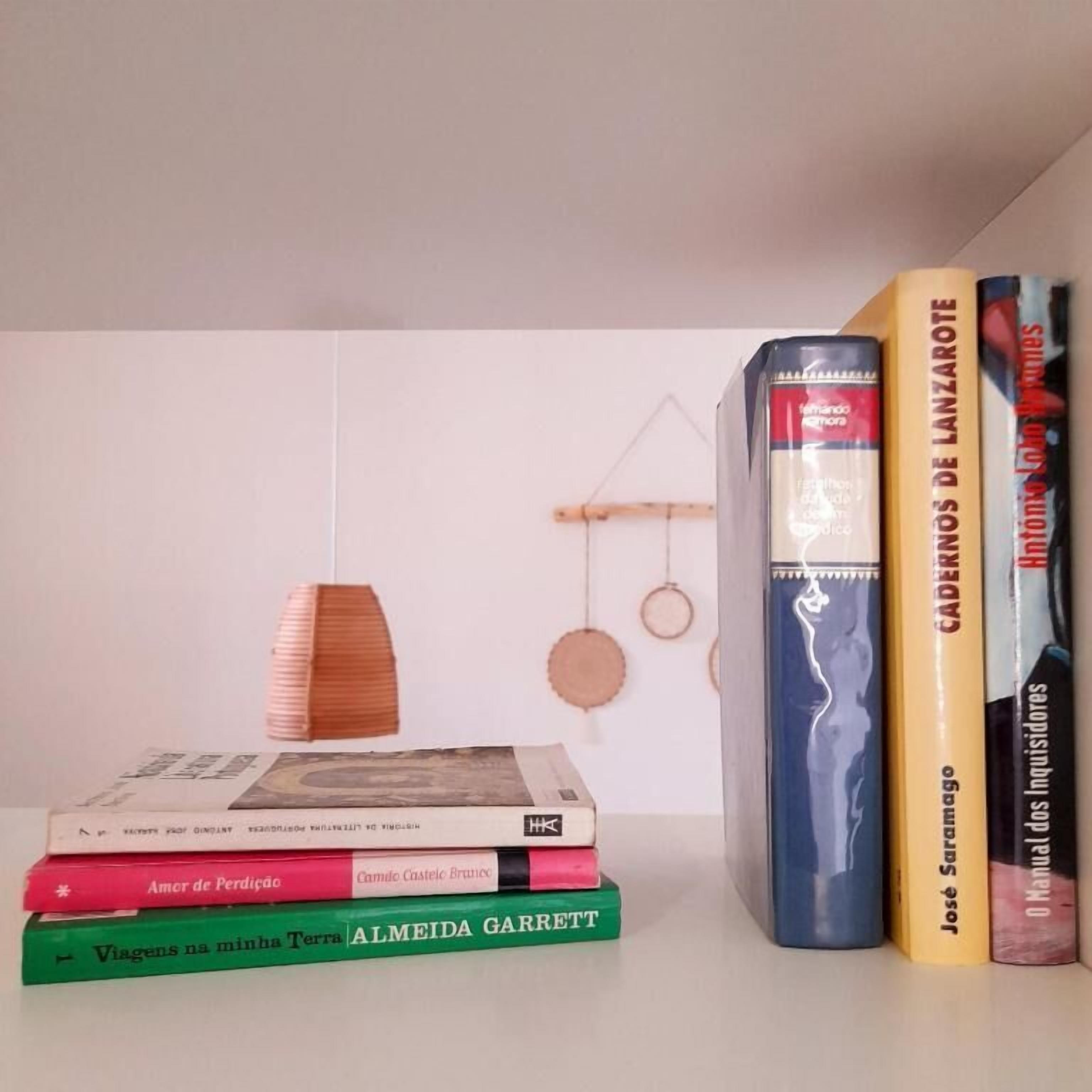 A bookshelf with books and a decorative lamp.