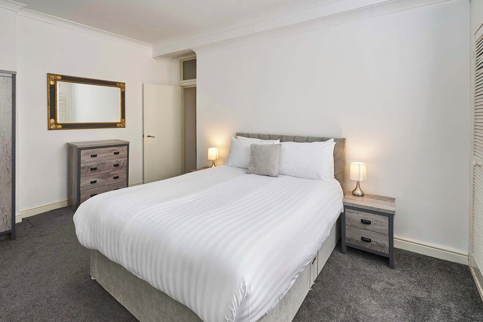 1 bedroom, desk, iron/ironing board, bed sheets
