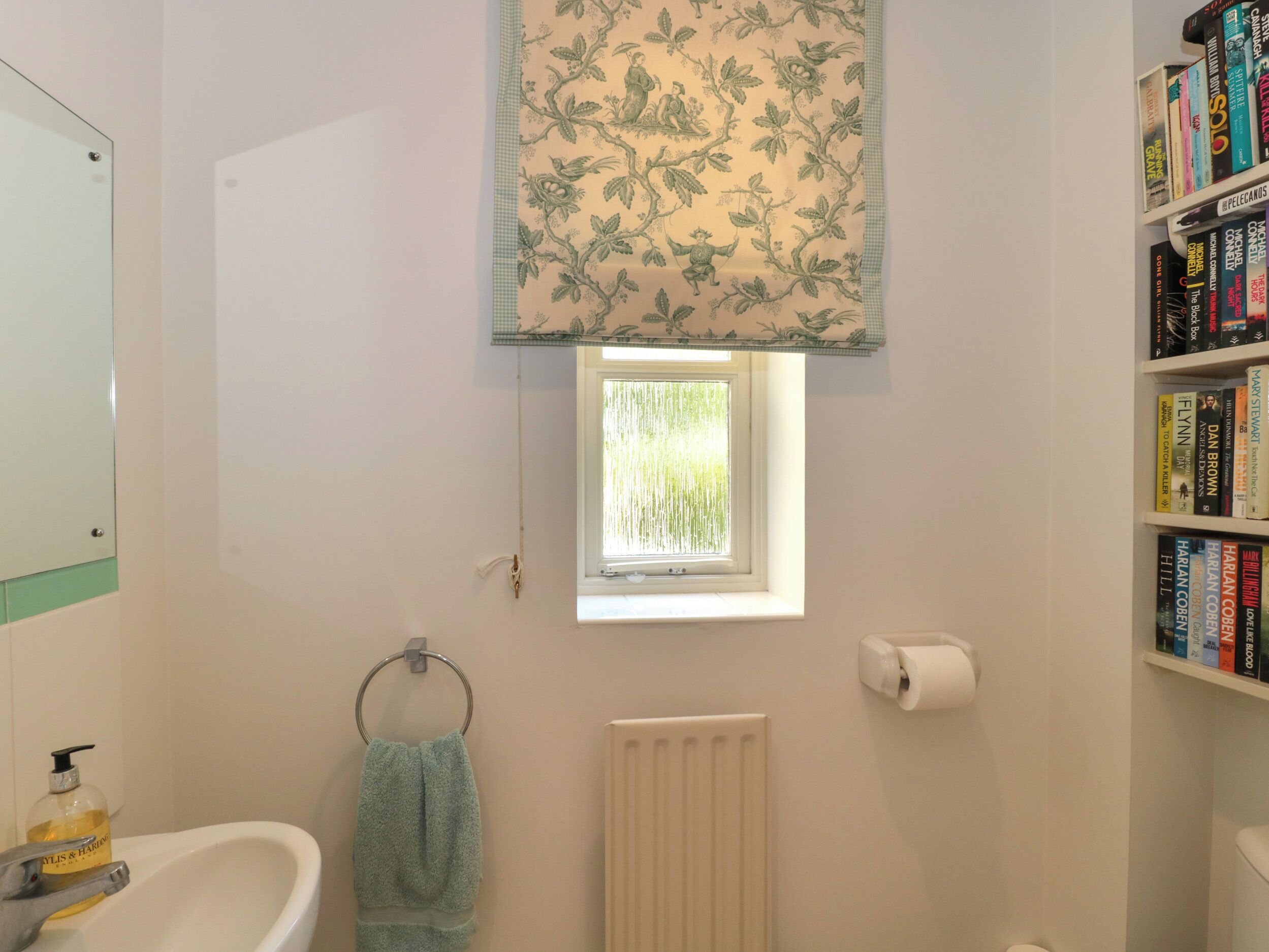 A bathroom with a window, a towel rack, a radiator, and a bookshelf with books.