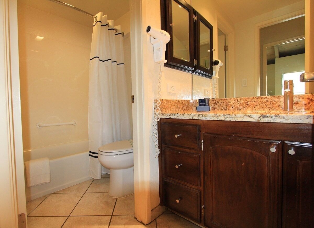 A bathroom with a toilet, shower, and vanity with a mirror and cabinet.