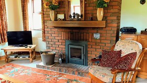 A cozy living room with a brick fireplace, a television, and a comfortable chair with floral cushions. - Fraoch Cottage (Garrykennedy)