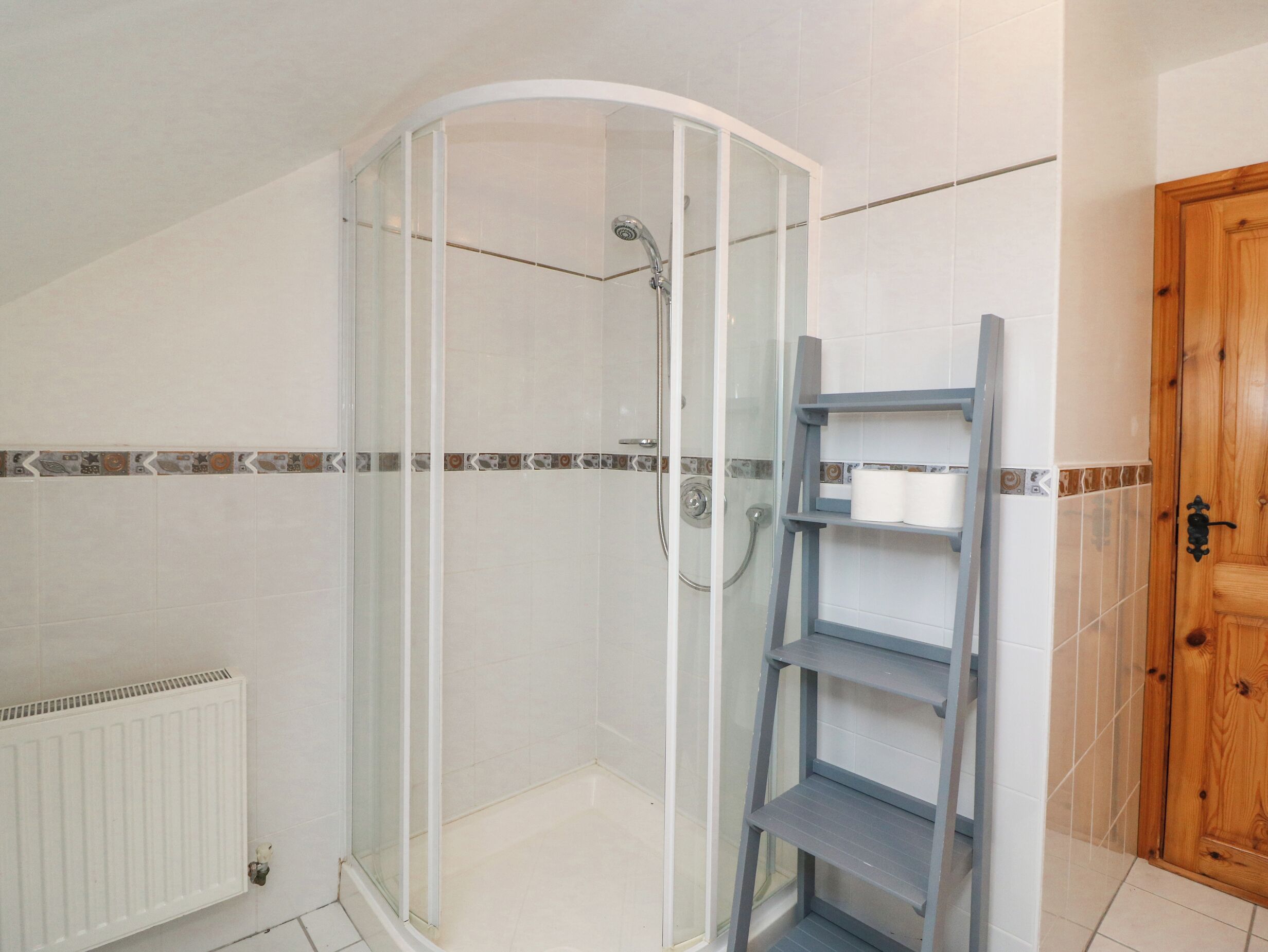 Un baño con cabina de ducha de vidrio, un radiador blanco y una puerta de madera.