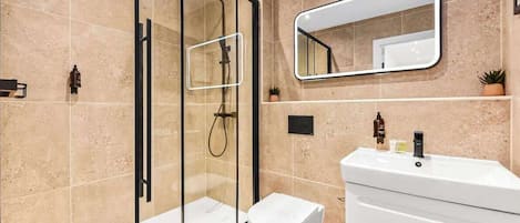 Shower, hair dryer, towels