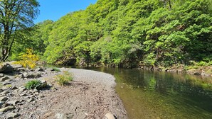 A riverbank with clear water, surrounded by lush green trees and a rocky foreground. - Briery House (Keswick)