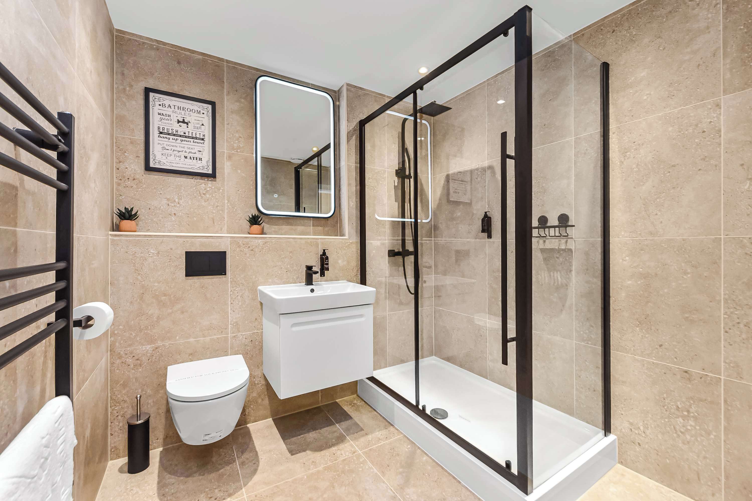 Shower, hair dryer, towels