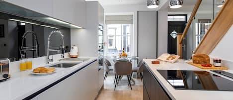 Fridge, dishwasher, electric kettle, toaster