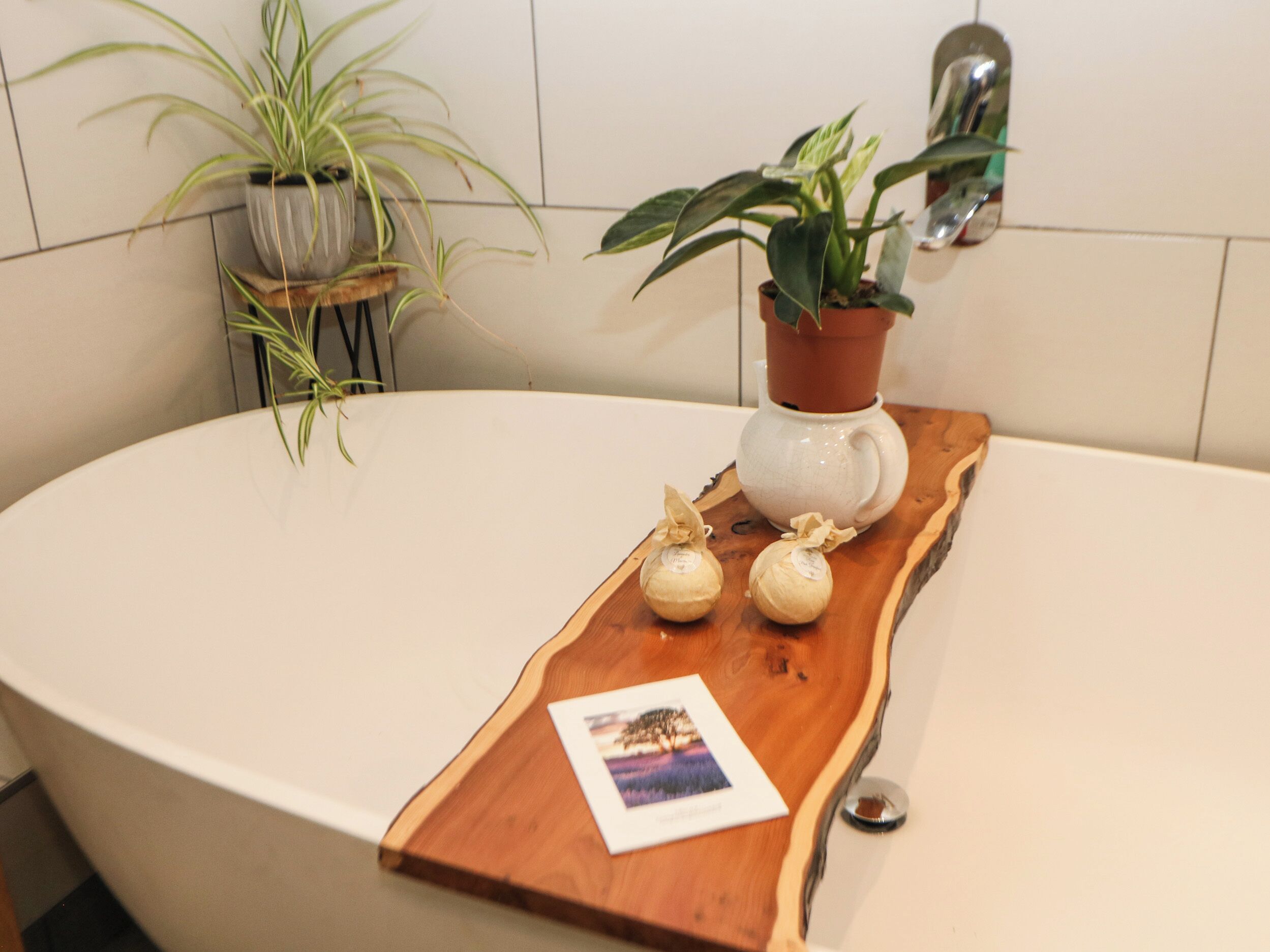 A bathroom with a wooden tray holding toiletries and a photograph, surrounded by potted plants.