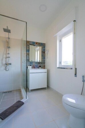 Secadora de cabello, toallas, jabón, papel de baño 