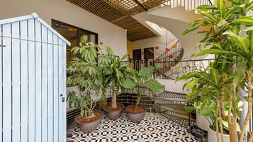 A multi-level interior with a checkered floor, potted plants, and a staircase.