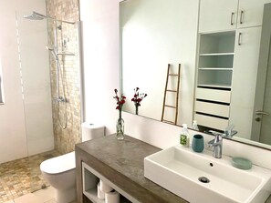 Shower, hair dryer, towels, soap