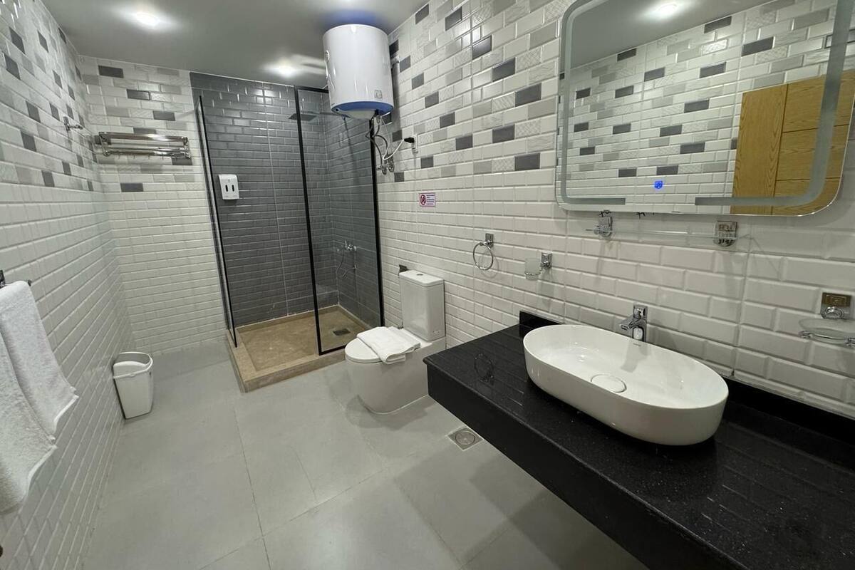 A modern bathroom with a glass-enclosed shower, a white toilet, and a large sink with a black countertop.