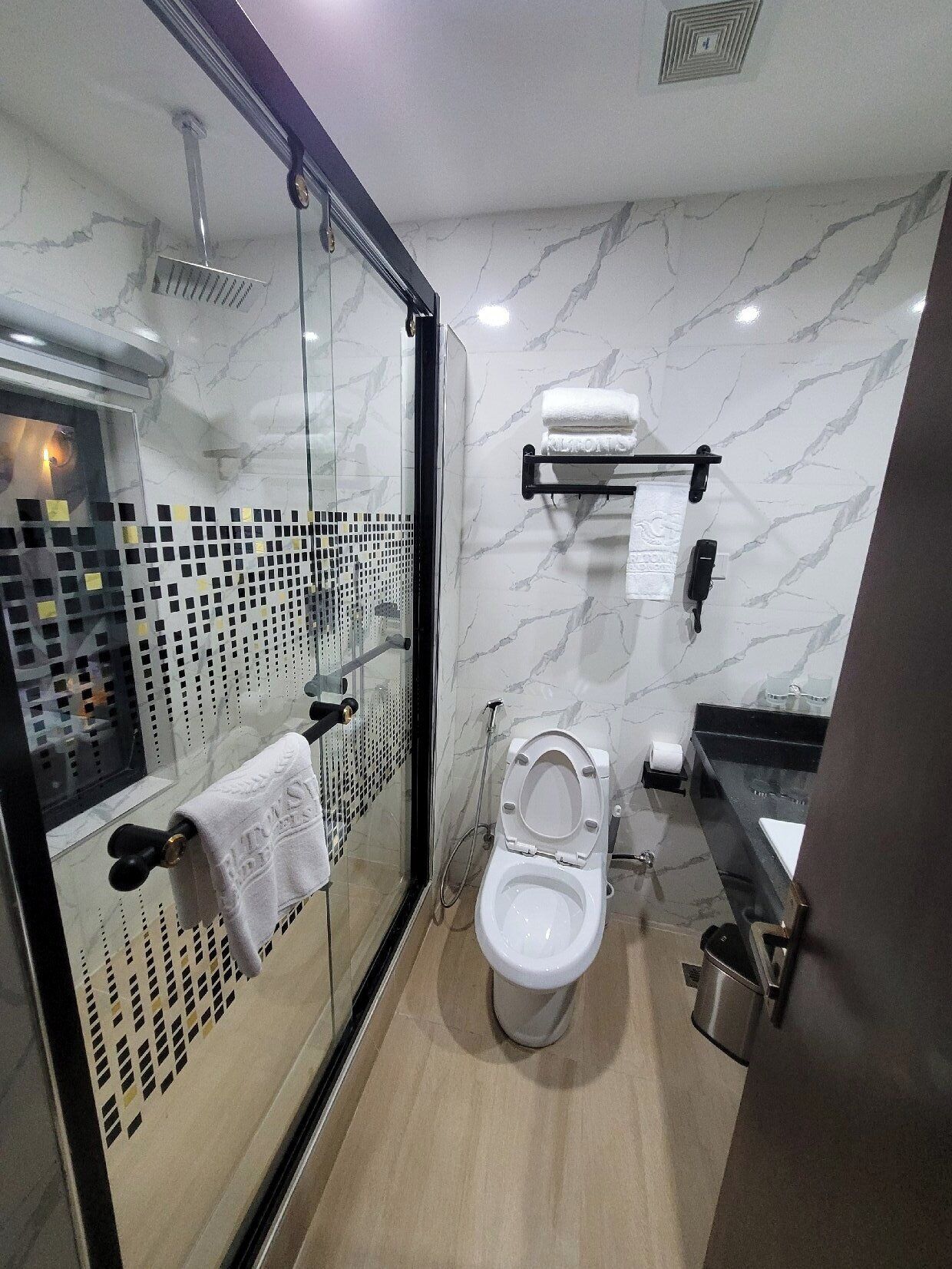 A modern bathroom with a glass-enclosed shower, a toilet, and a sink.
