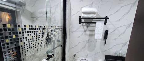 A modern bathroom with a glass-enclosed shower, a toilet, and a sink.