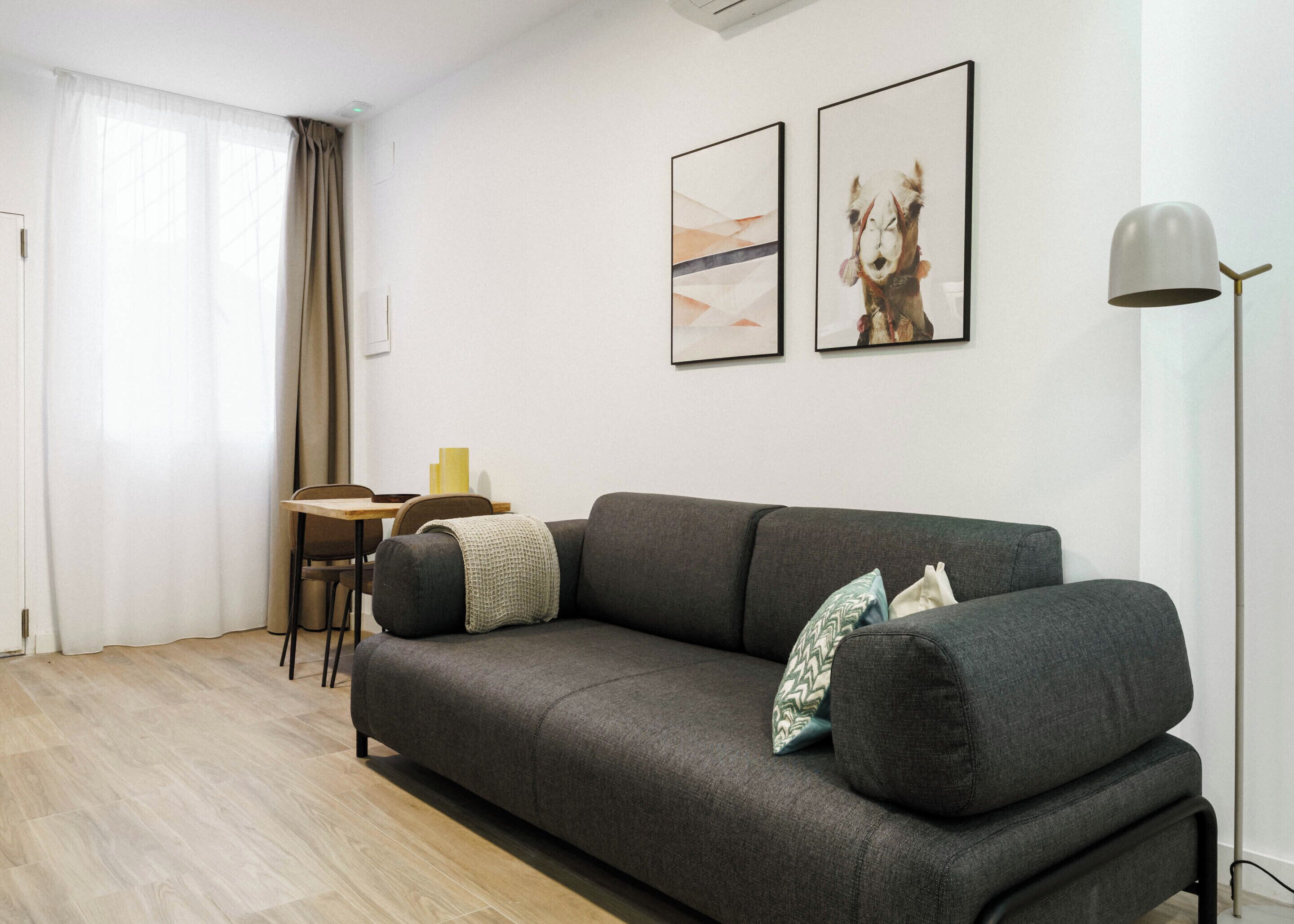 Een moderne woonkamer met een grijze bank, een klein tafeltje en twee ingelijste foto's aan de muur.