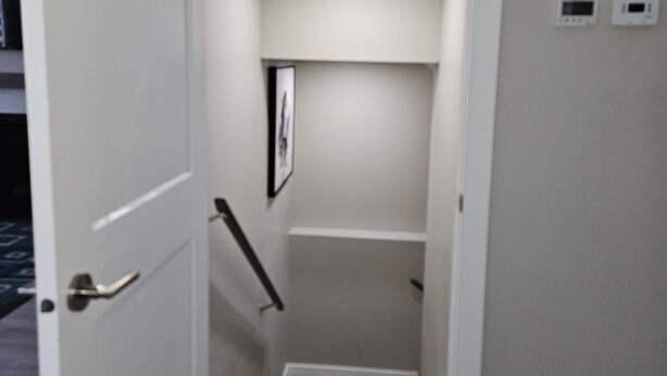 Ein enger Flur mit einer Tür links, einer Treppe, die nach oben führt, und einem kleinen Bilderrahmen an der Wand.
