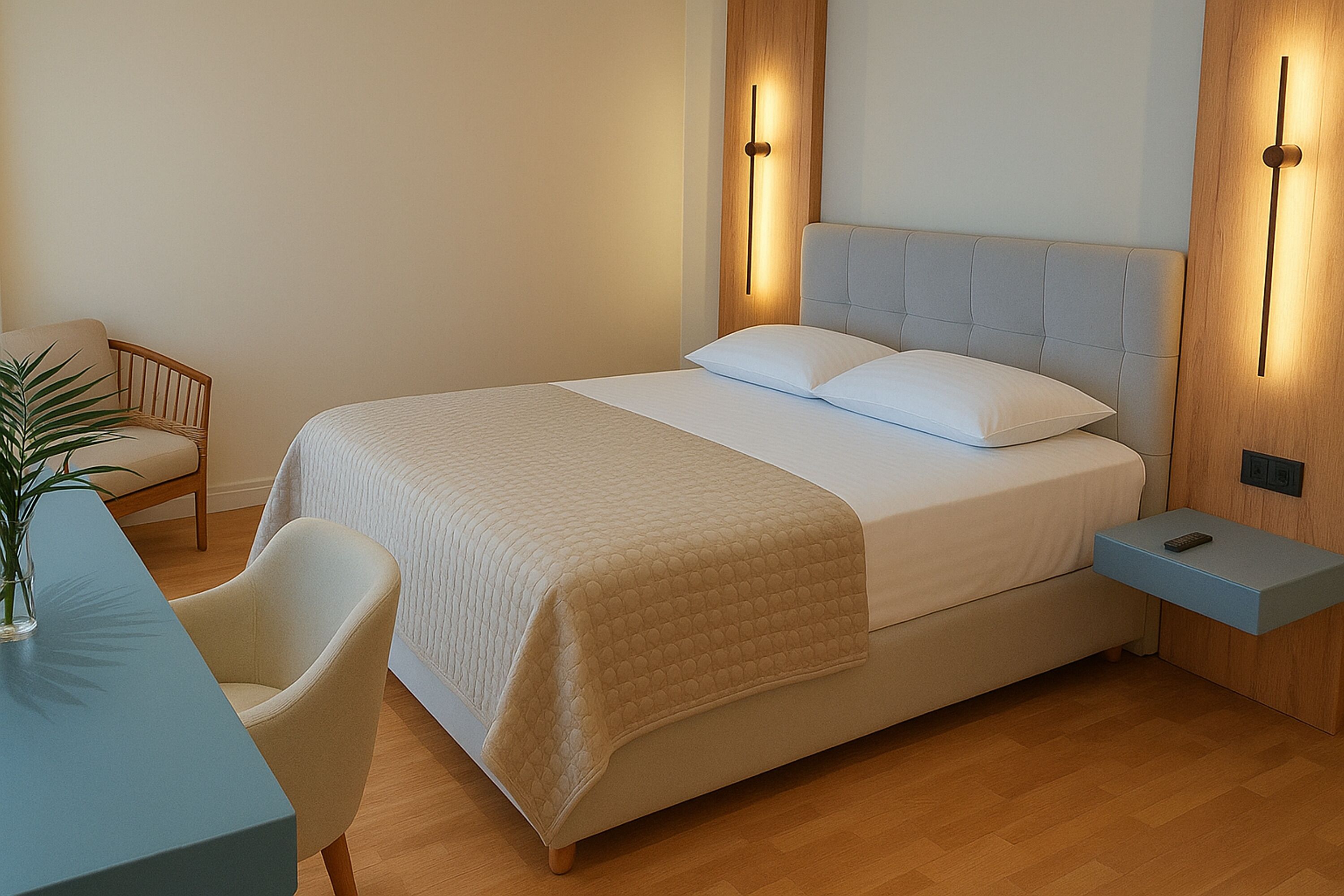A neatly arranged bedroom with a bed, bedside table, chair, and a small table with a plant.