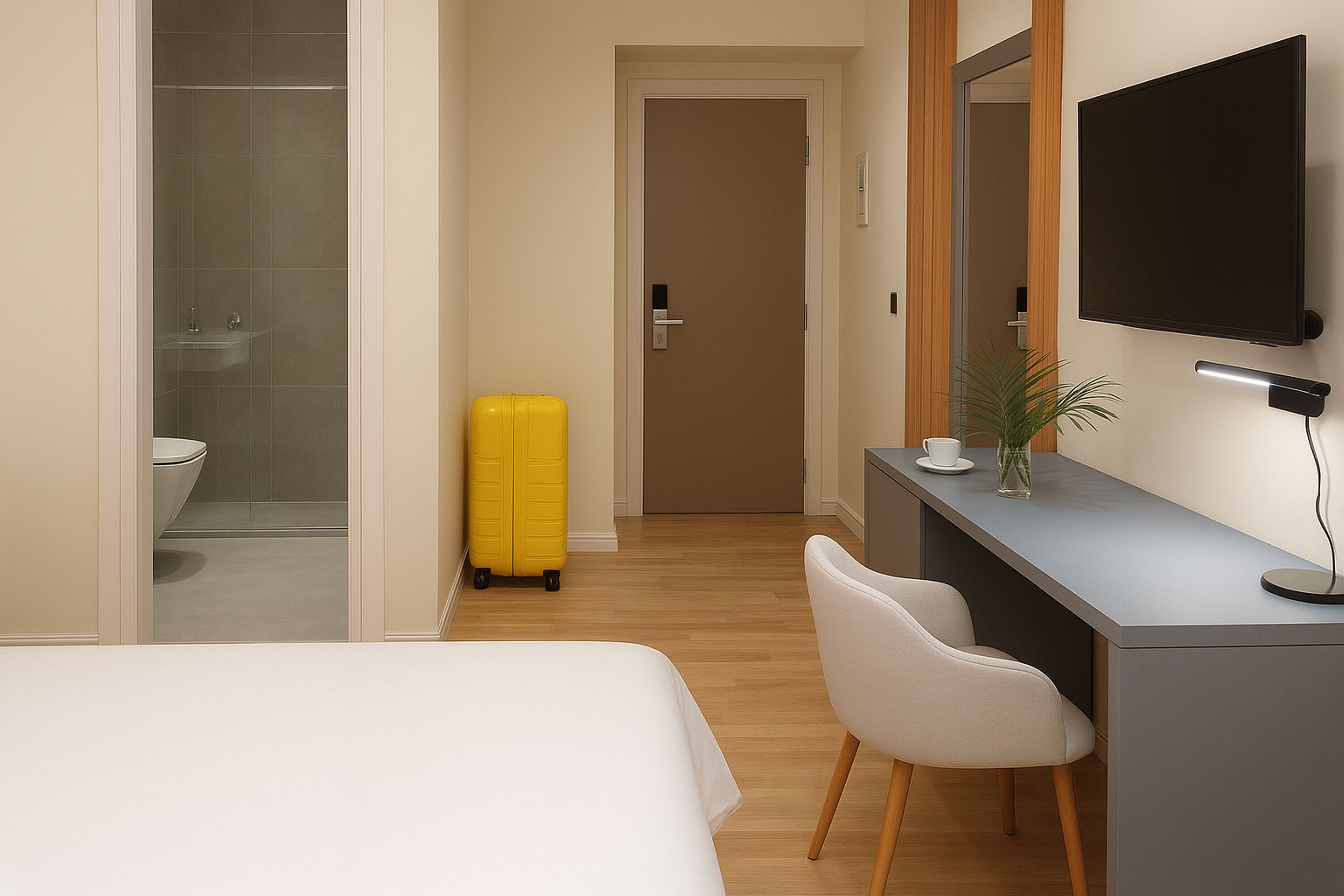 Una habitación de hotel con cama, escritorio, silla, televisor, una planta pequeña y maleta.