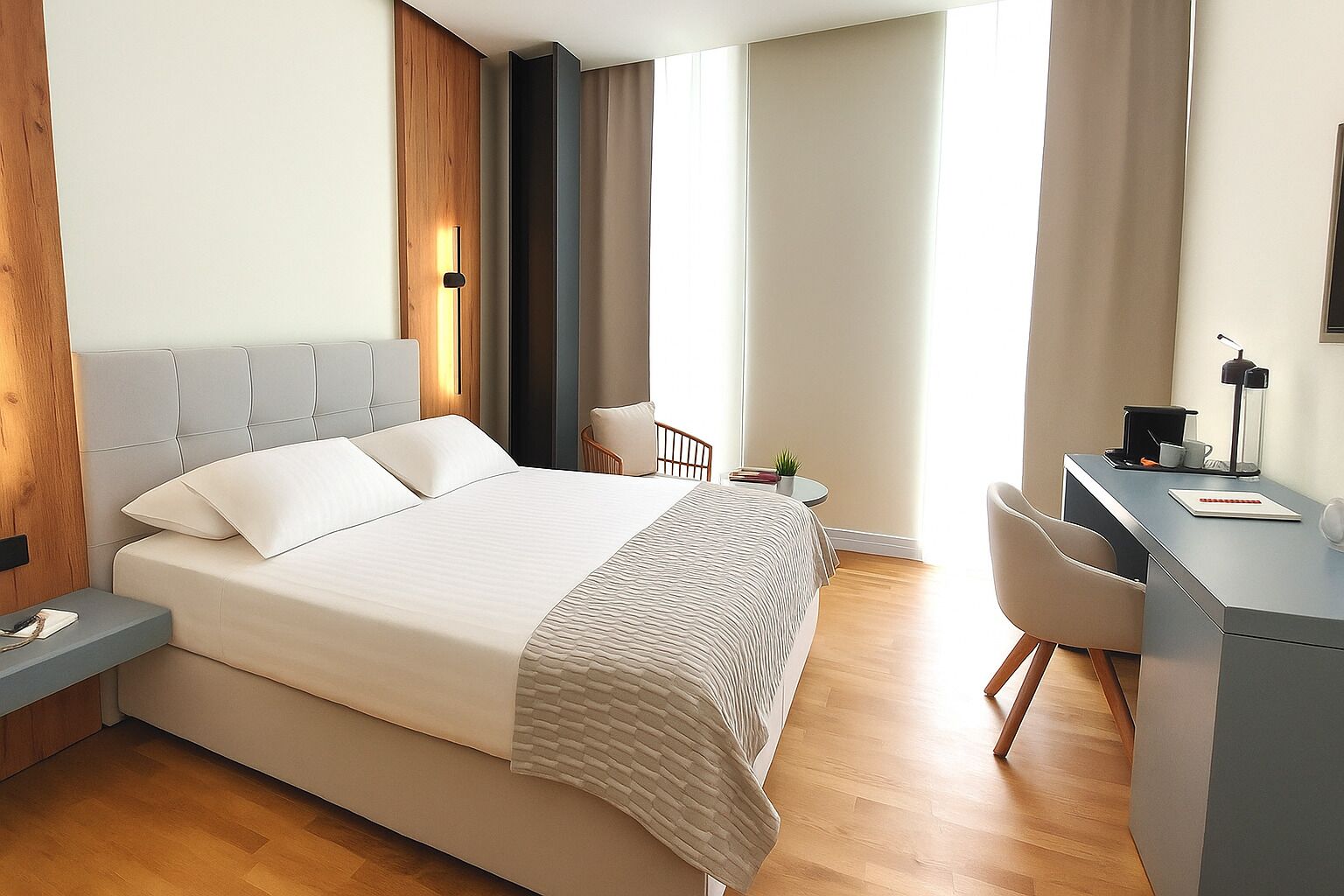 Ein modernes Hotelzimmer mit einem großen Bett, einem Schreibtisch und einem Sessel.