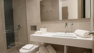 Shower, hair dryer, bathrobes, slippers