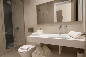 Shower, hair dryer, bathrobes, slippers