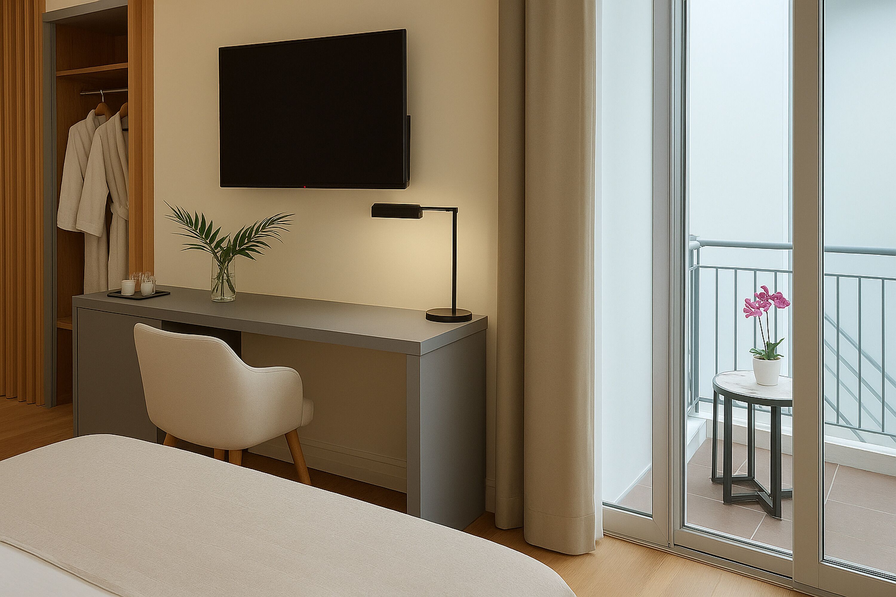 Una habitación de hotel moderna con una cama, un escritorio con lámpara, un televisor, un armario con batas y un balcón con flores.