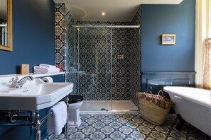 Really Fancy Family Room | Bathroom | Designer toiletries, hair dryer, towels, toilet paper - The Ragged Robin - A Heartwood Inn  (Godalming)