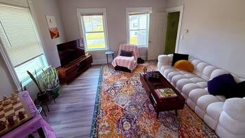 Smart TV, fireplace, table tennis, books