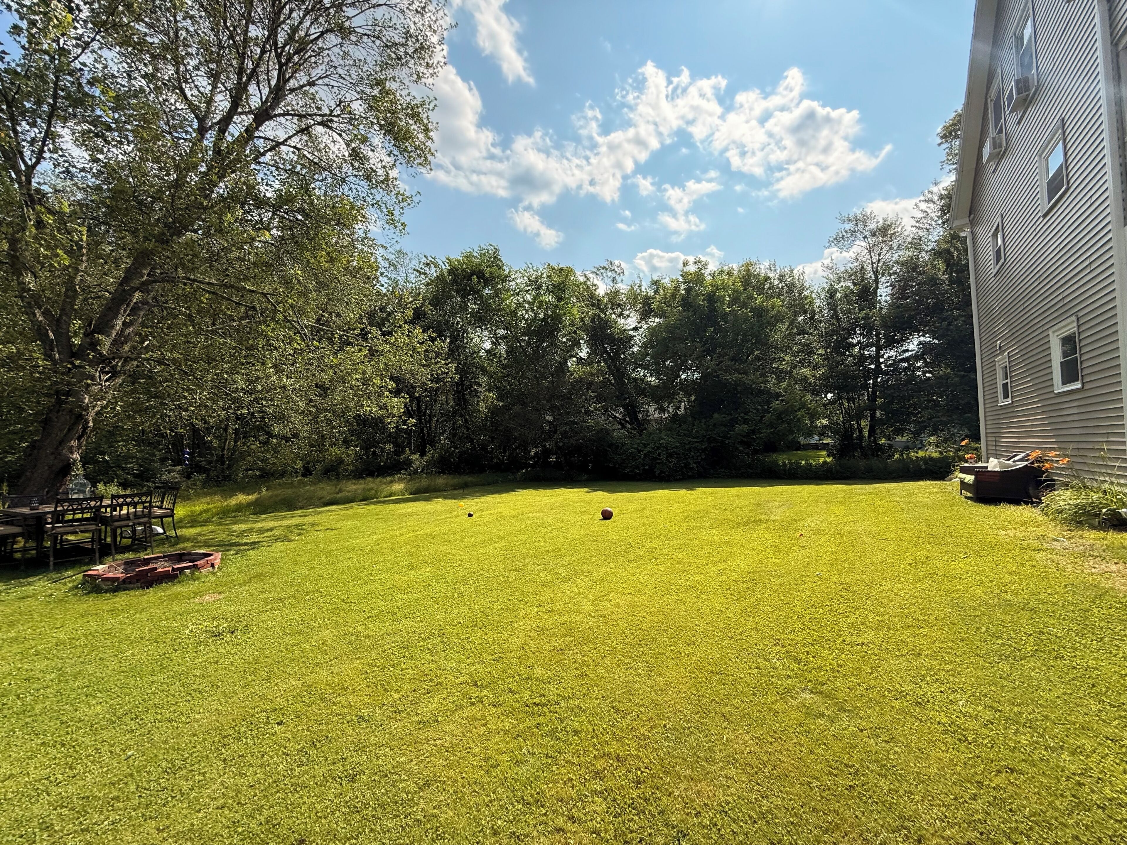Un giardino sul retro con prato, un tavolo e sedie, circondato da alberi e una casa.