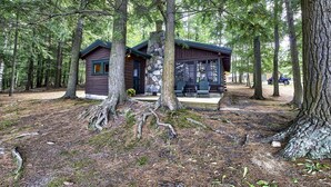 A cabin surrounded by trees, with a stone chimney and a porch.