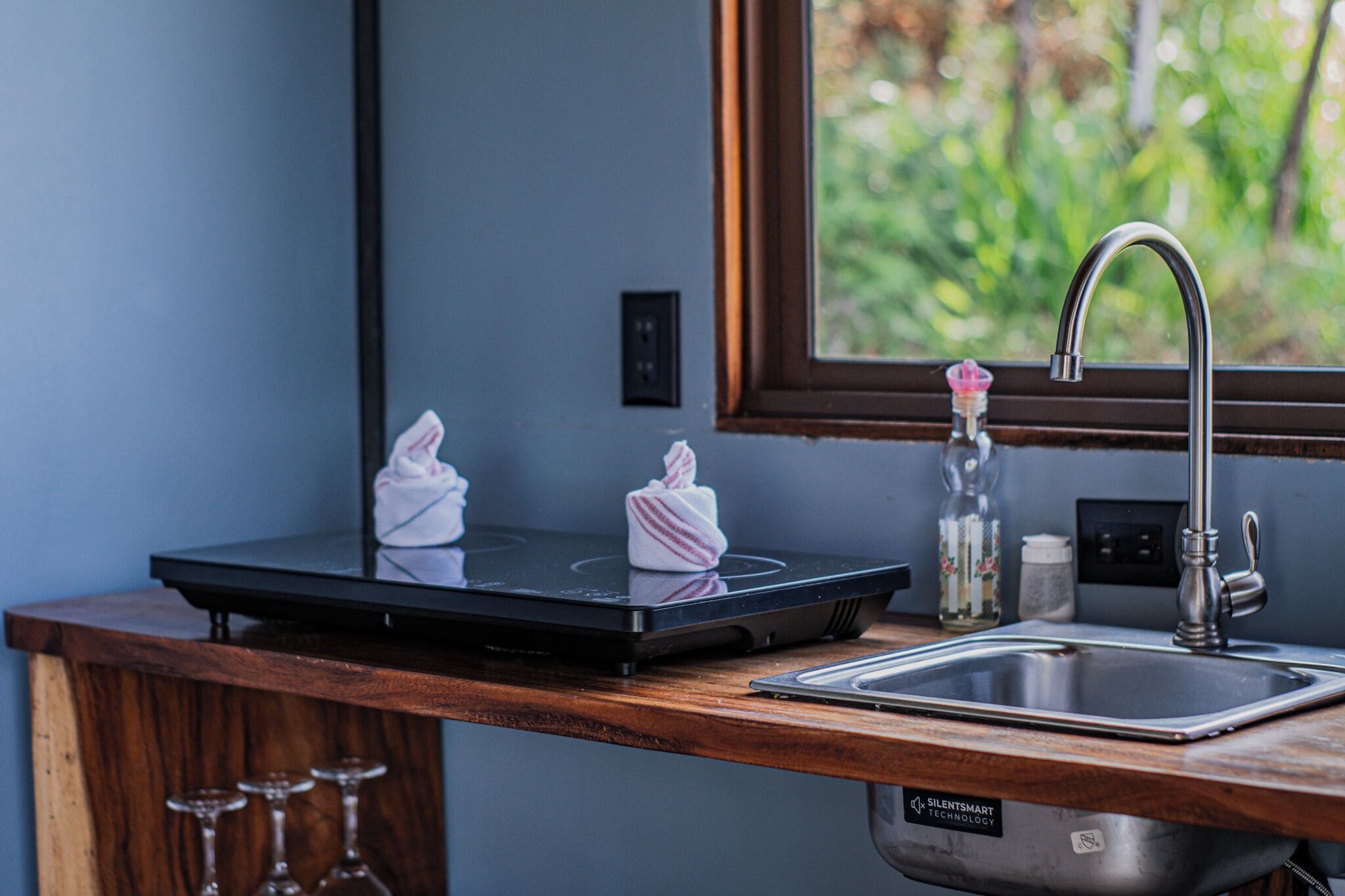 A compact kitchen with a built-in induction cooktop, a stainless steel sink, and a window offering a view of greenery.