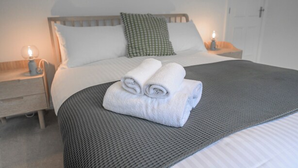 A neatly made bed with a grey and white checkered bedspread, two white pillows, and a green pillow. There are two bedside lamps on either side of the bed.