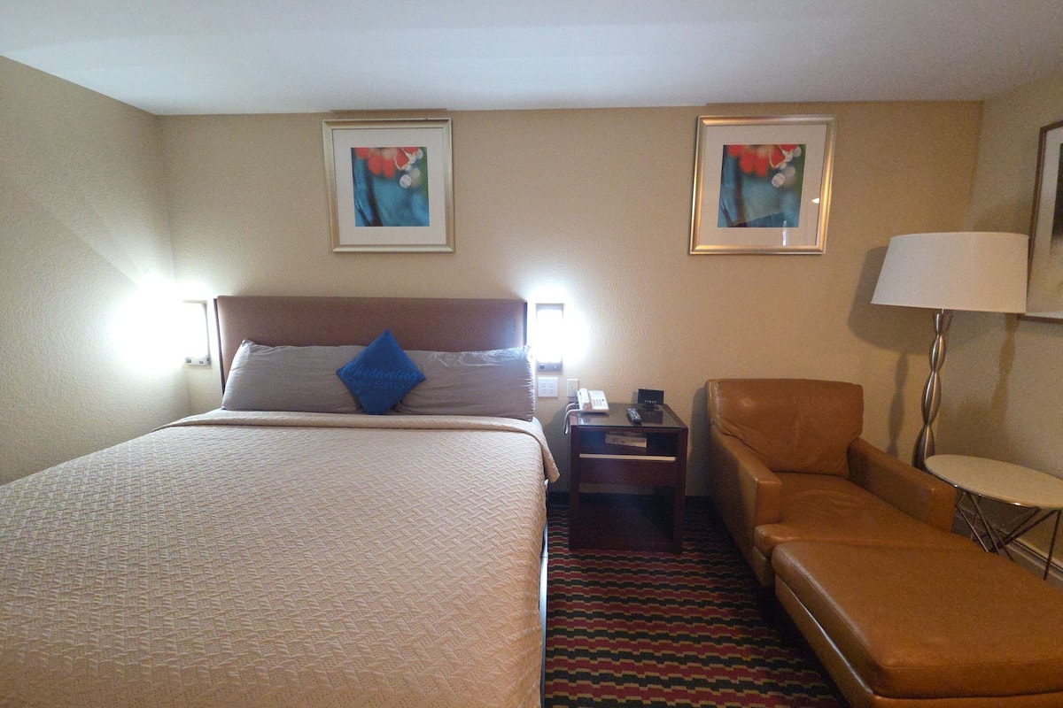 Ein Hotelzimmer mit einem Bett, einem Sessel, einem Schreibtisch, einer Lampe und zwei gerahmten Bildern an der Wand.