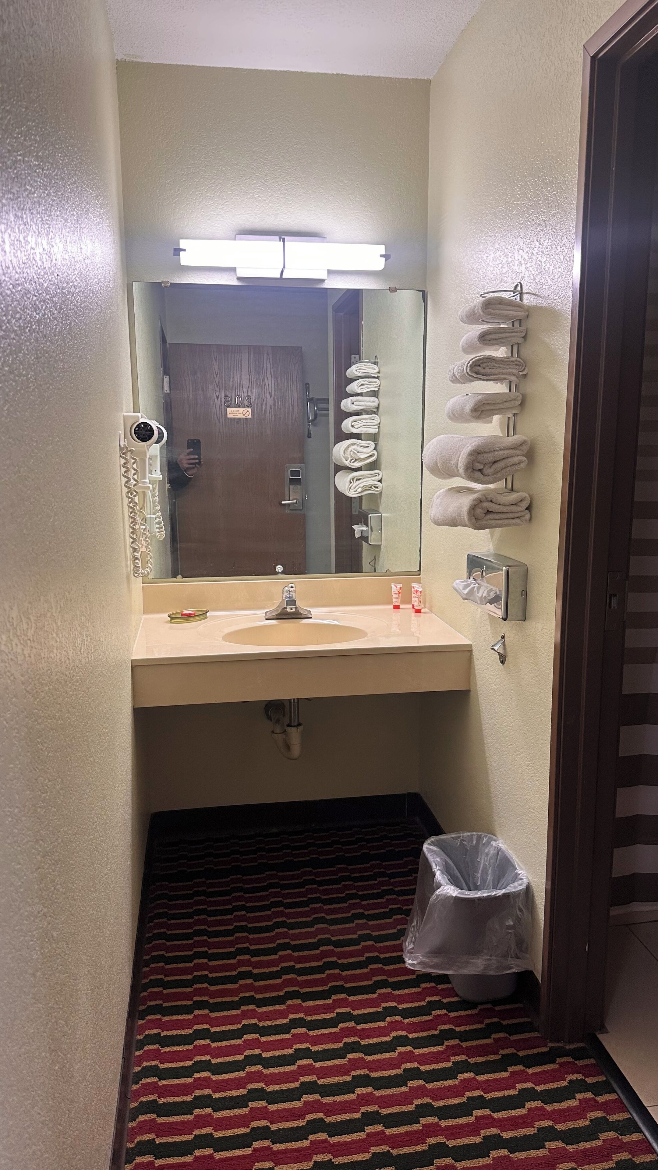 A bathroom with a sink, mirror, towel rack, and a trash bin.