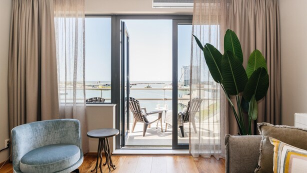 A room with a view of the sea, a balcony with chairs, and a large plant.
