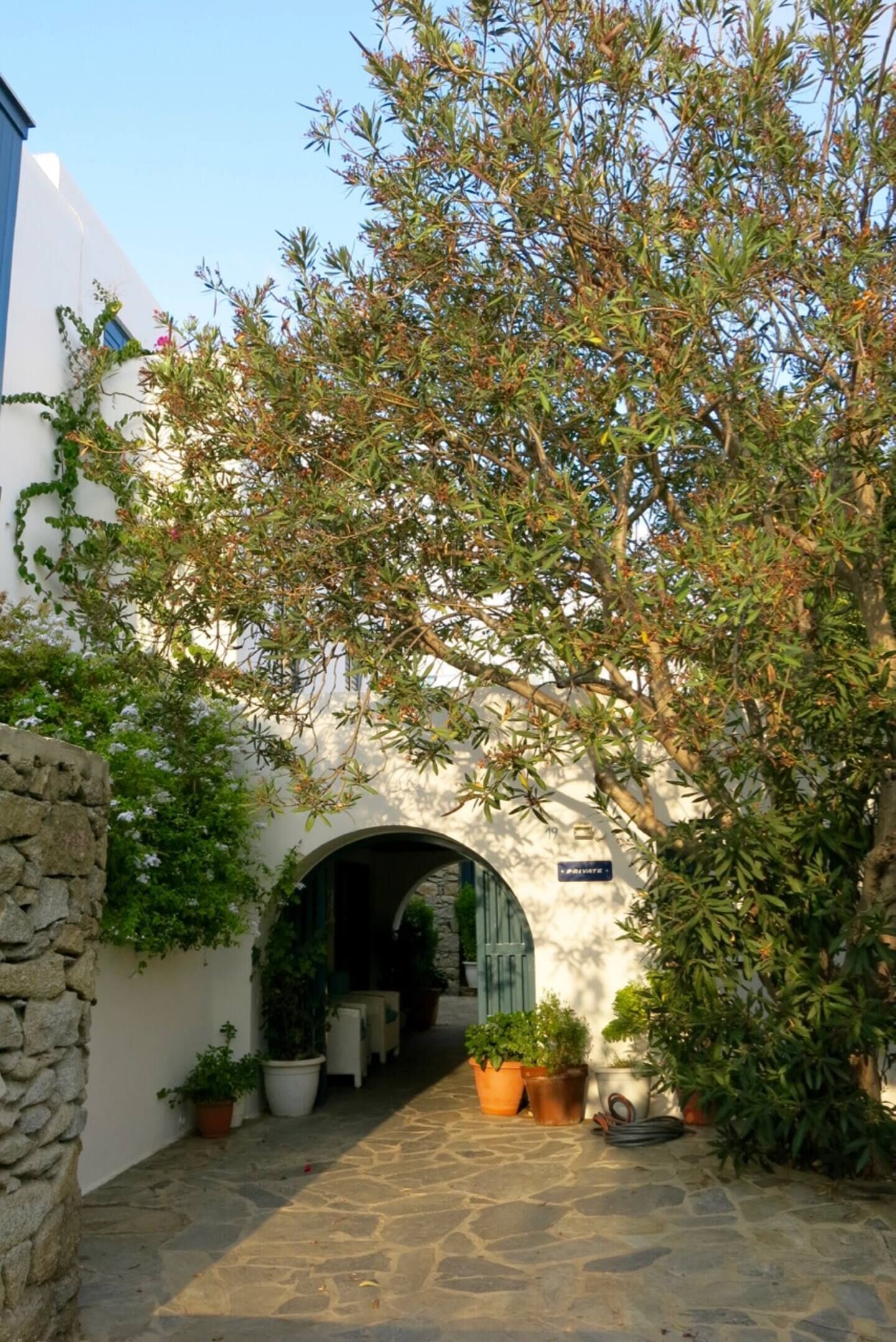 Un pati empedrat amb un edifici blanc, una arcada i plantes en testos.