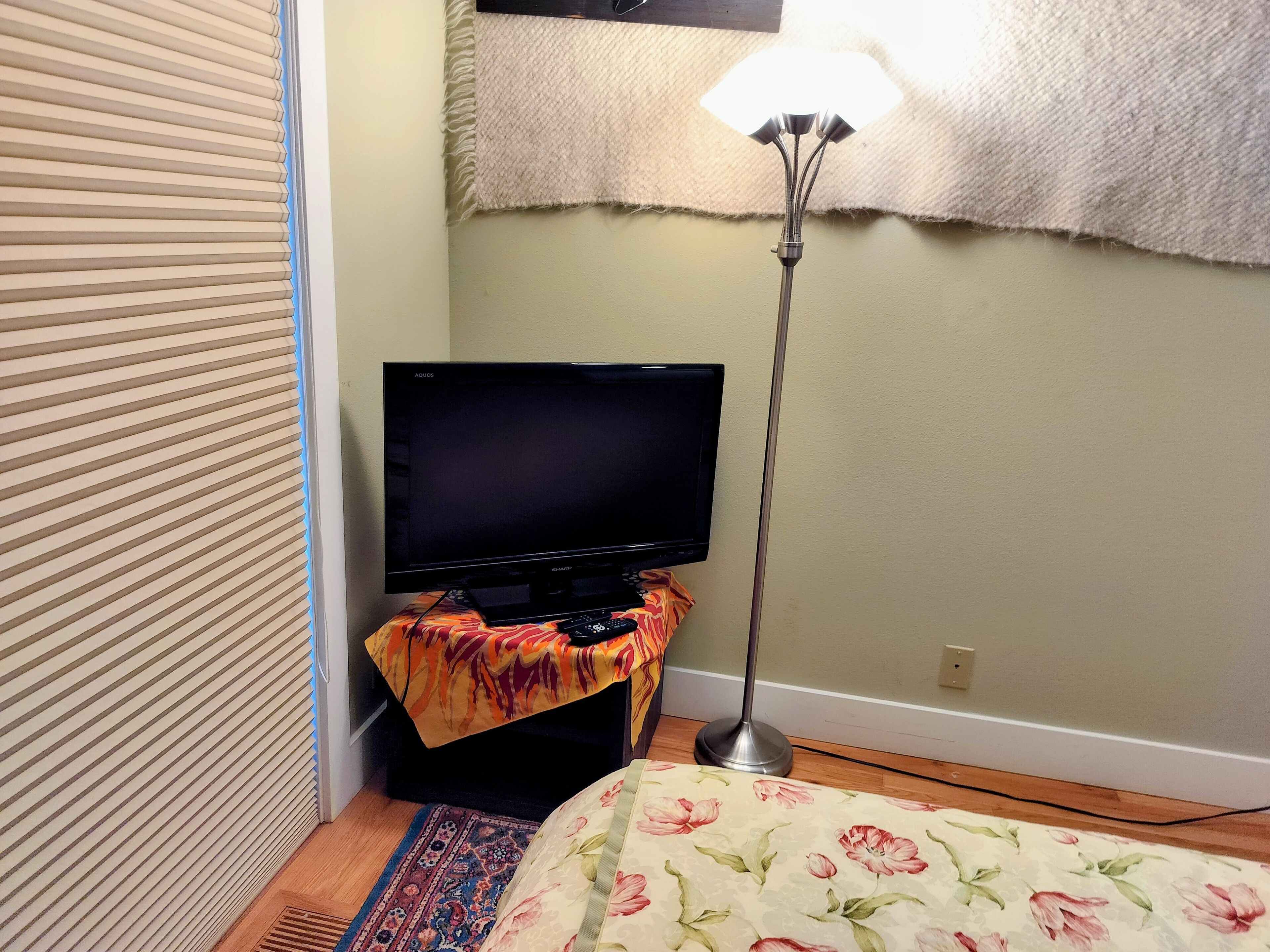 A room with a television on a stand, a floor lamp, a patterned rug, and a bed with floral bedding.