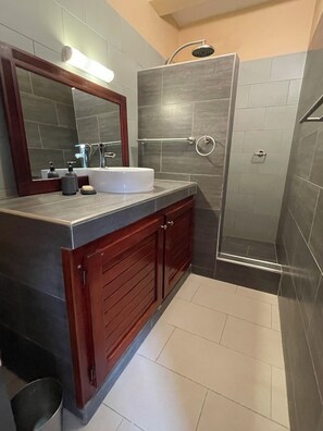 Shower, towels, soap, toilet paper