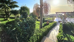 A garden pathway leading to a white building with a pergola, surrounded by lush greenery and palm trees.