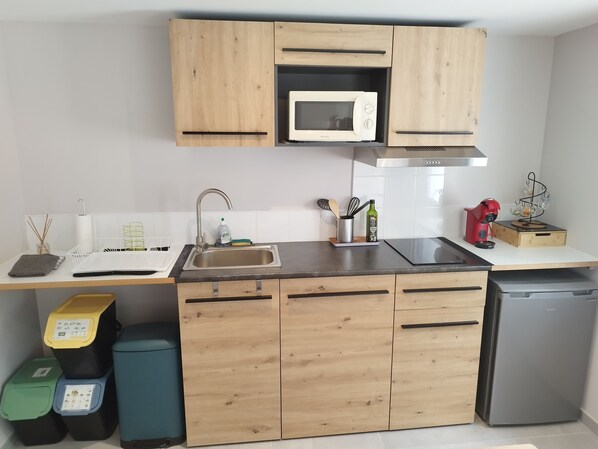 Fridge, microwave, stovetop, coffee/tea maker