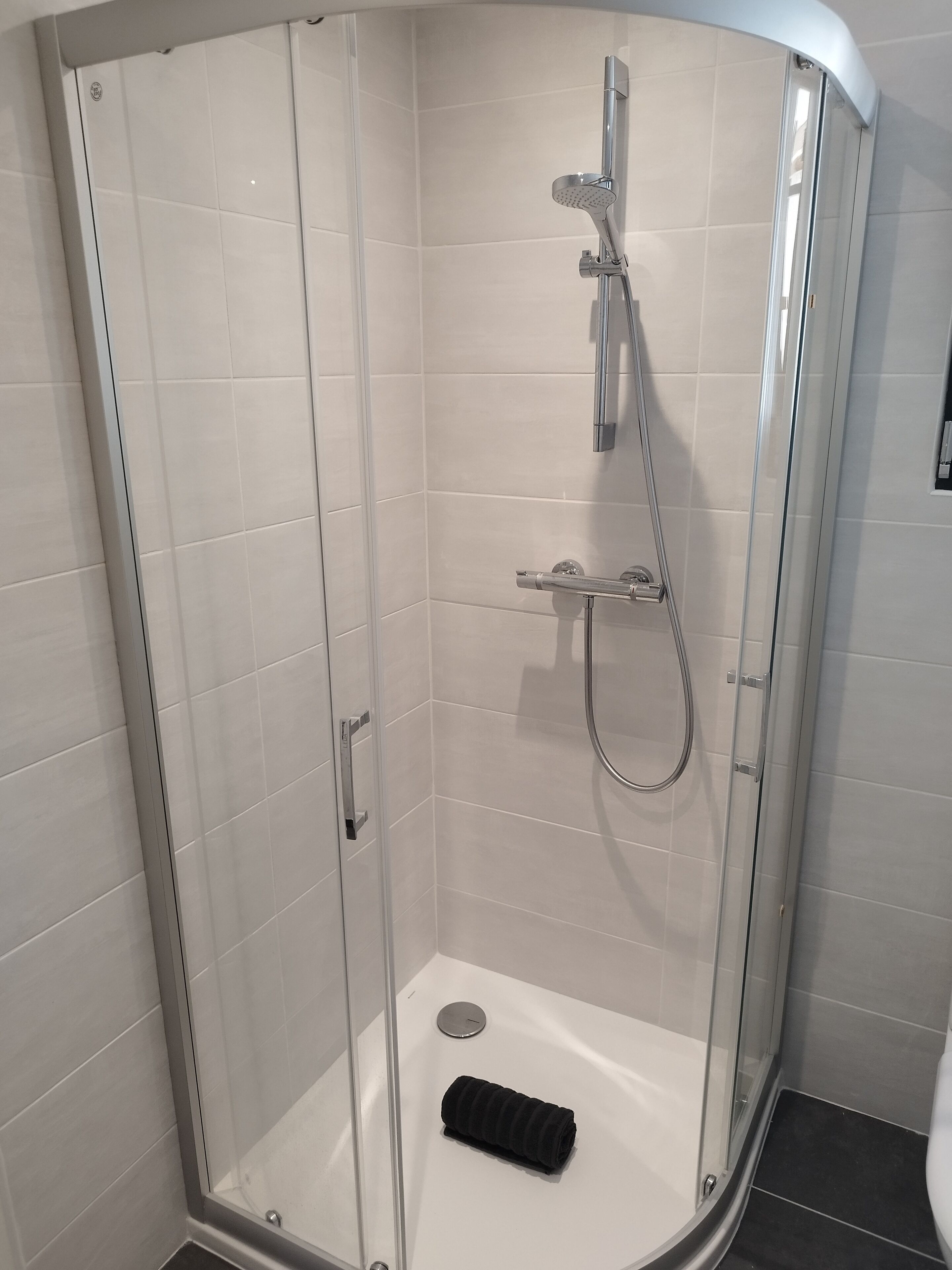 Shower, hair dryer, towels, toilet paper