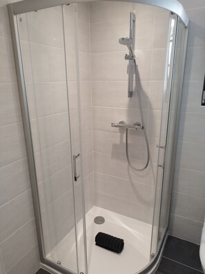 Shower, hair dryer, towels, toilet paper