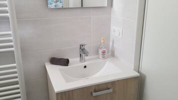 Shower, hair dryer, towels, toilet paper