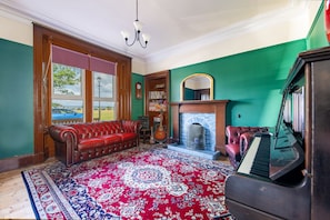 تلفزيون، مدفأة، كُتُب، مكتبة موسيقى