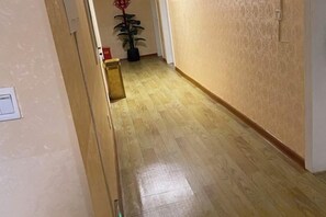 A hallway with wooden flooring and a potted plant.