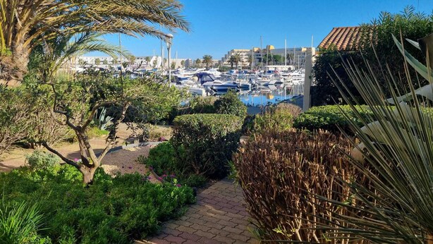 Un puerto deportivo con barcos amarrados, rodeado de vegetación exuberante y palmeras.