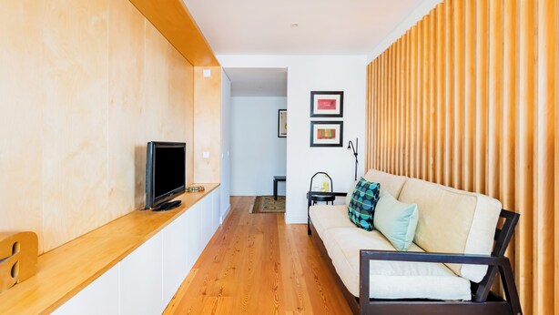 Un salón moderno con suelo de madera, un sofá con cojines, un televisor en un estante de madera y una pared con listones verticales de madera.