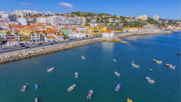 Panorama costiero con un porto turistico pieno di barche.