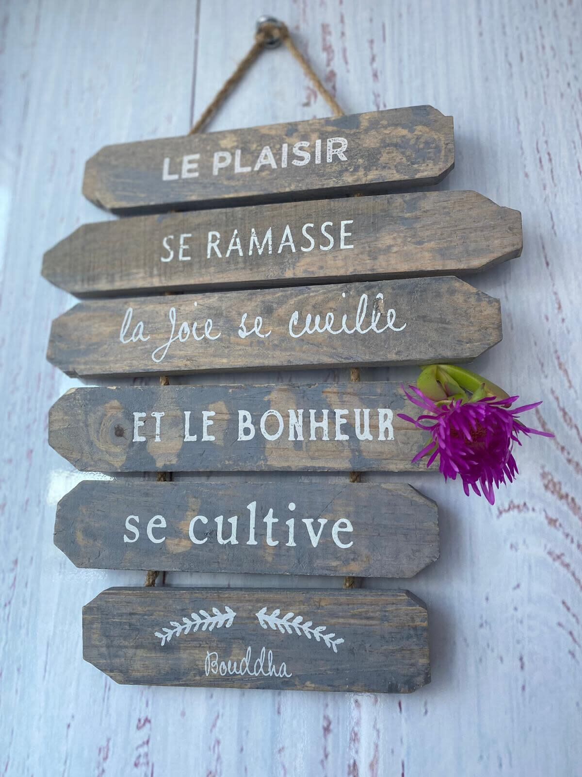 Een houten bord met Franse zinnen over genot en geluk.