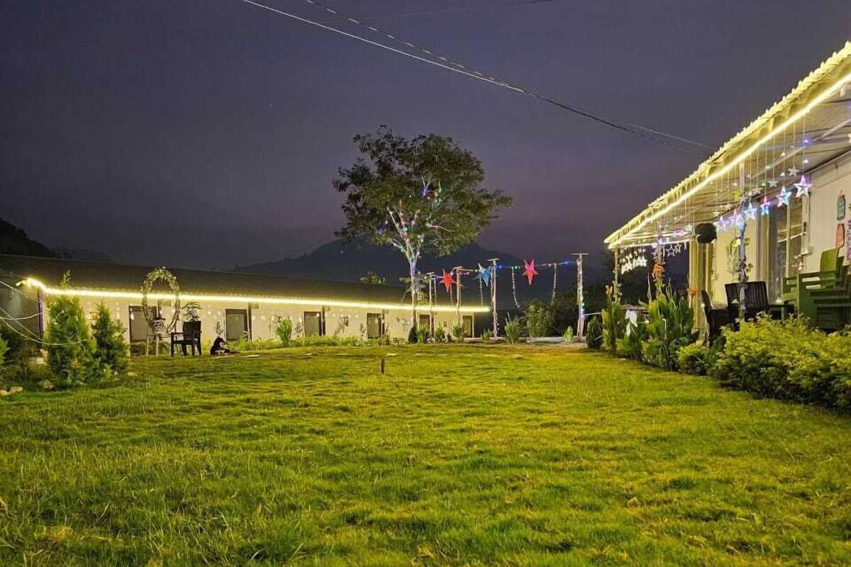 Un patio de hotel iluminado de noche, con césped, un árbol y edificios decorados con luces colgantes.